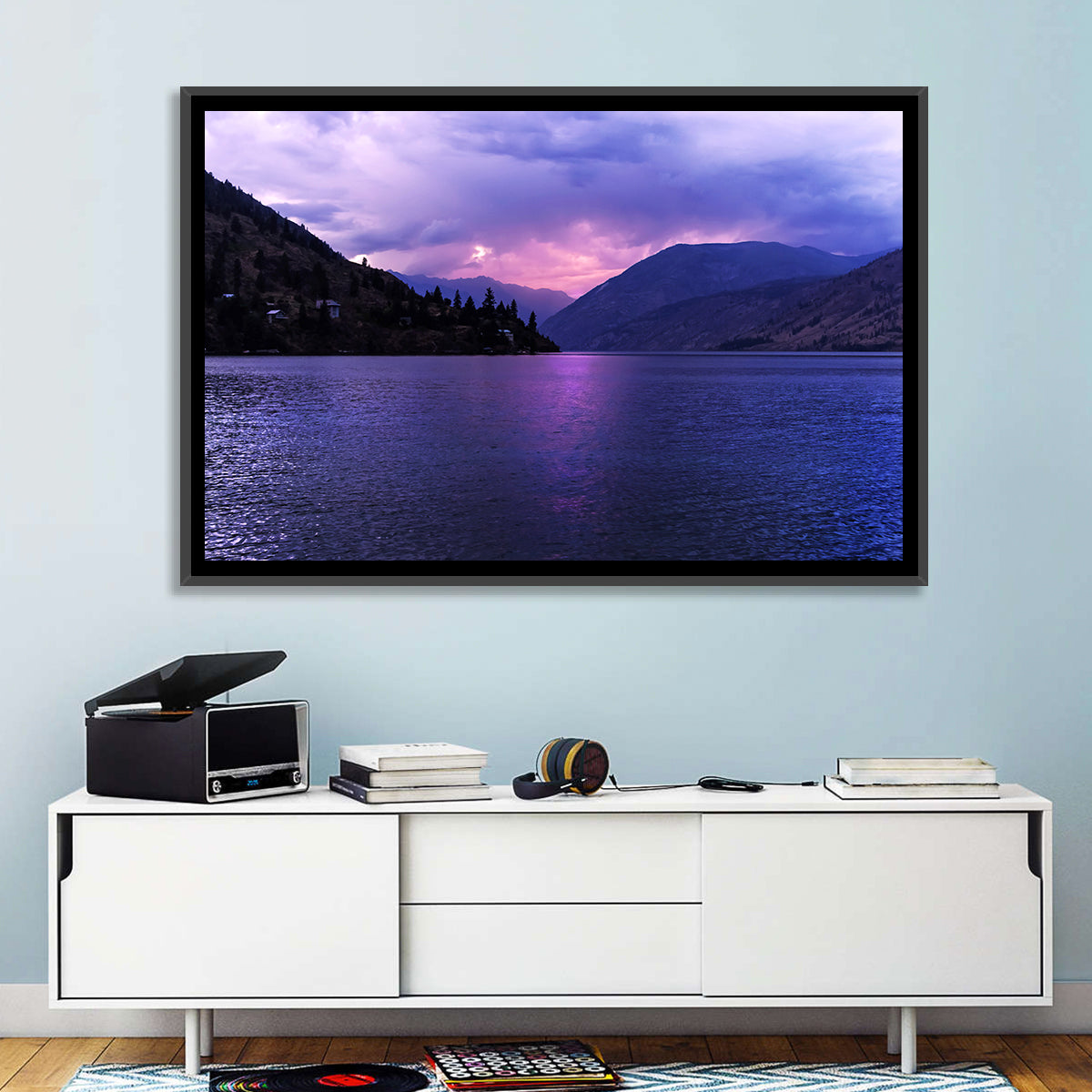 Lake Chelan Violet Sunset Wall Art in a room, landscape