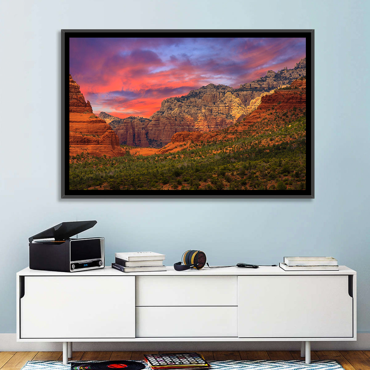 Sedona Red Rocks Sunrise Wall Art in a room, landscape