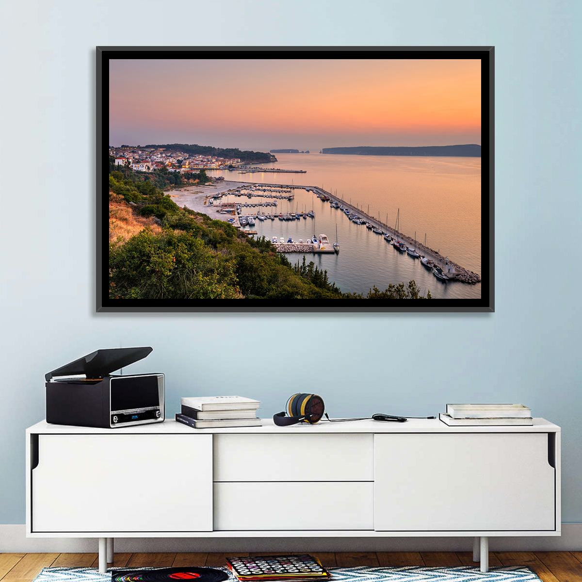 Pylos Harbor Lighthouse Sunset Wall Art in a room, landscape