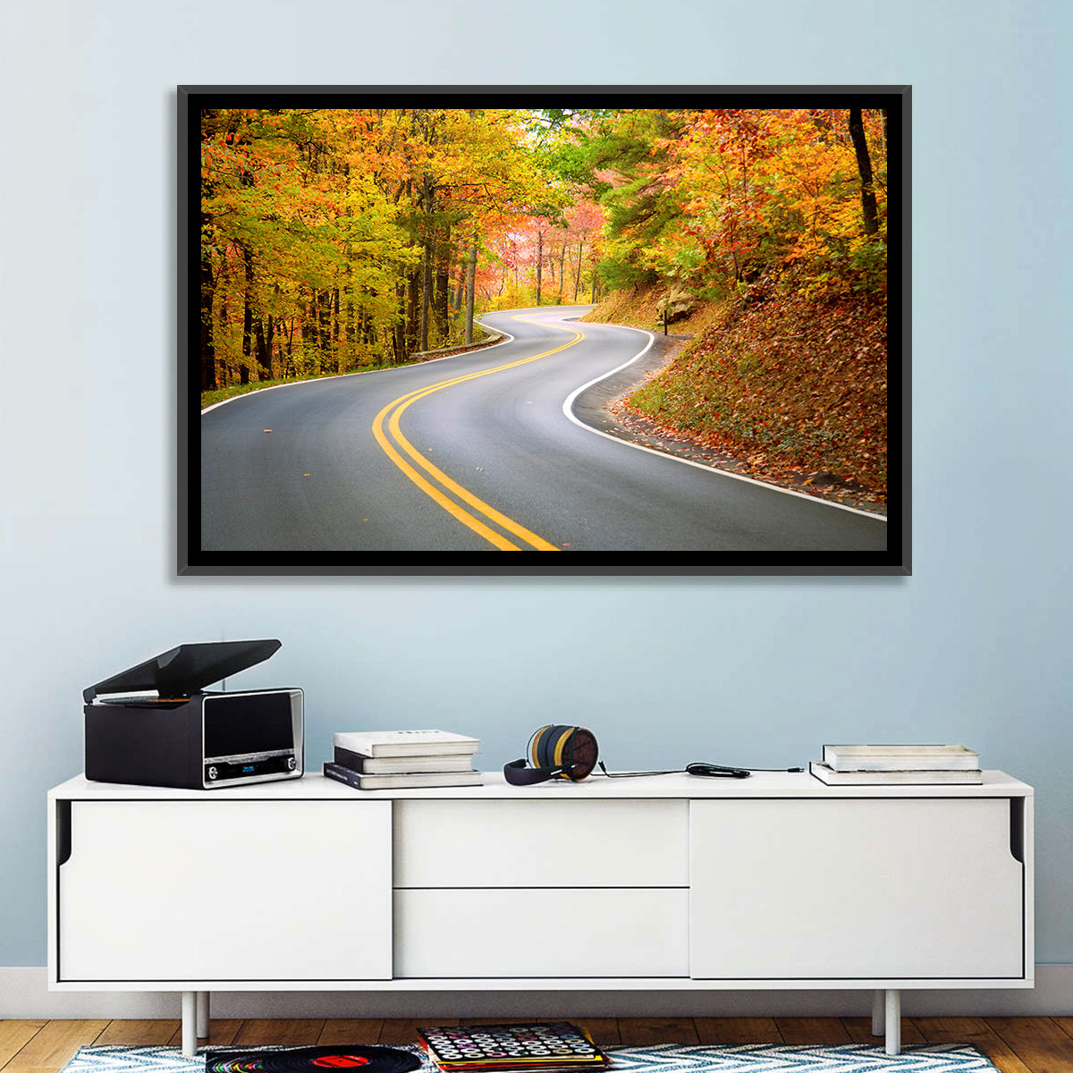 Winding Autumn Road Wall Art in a room, landscape