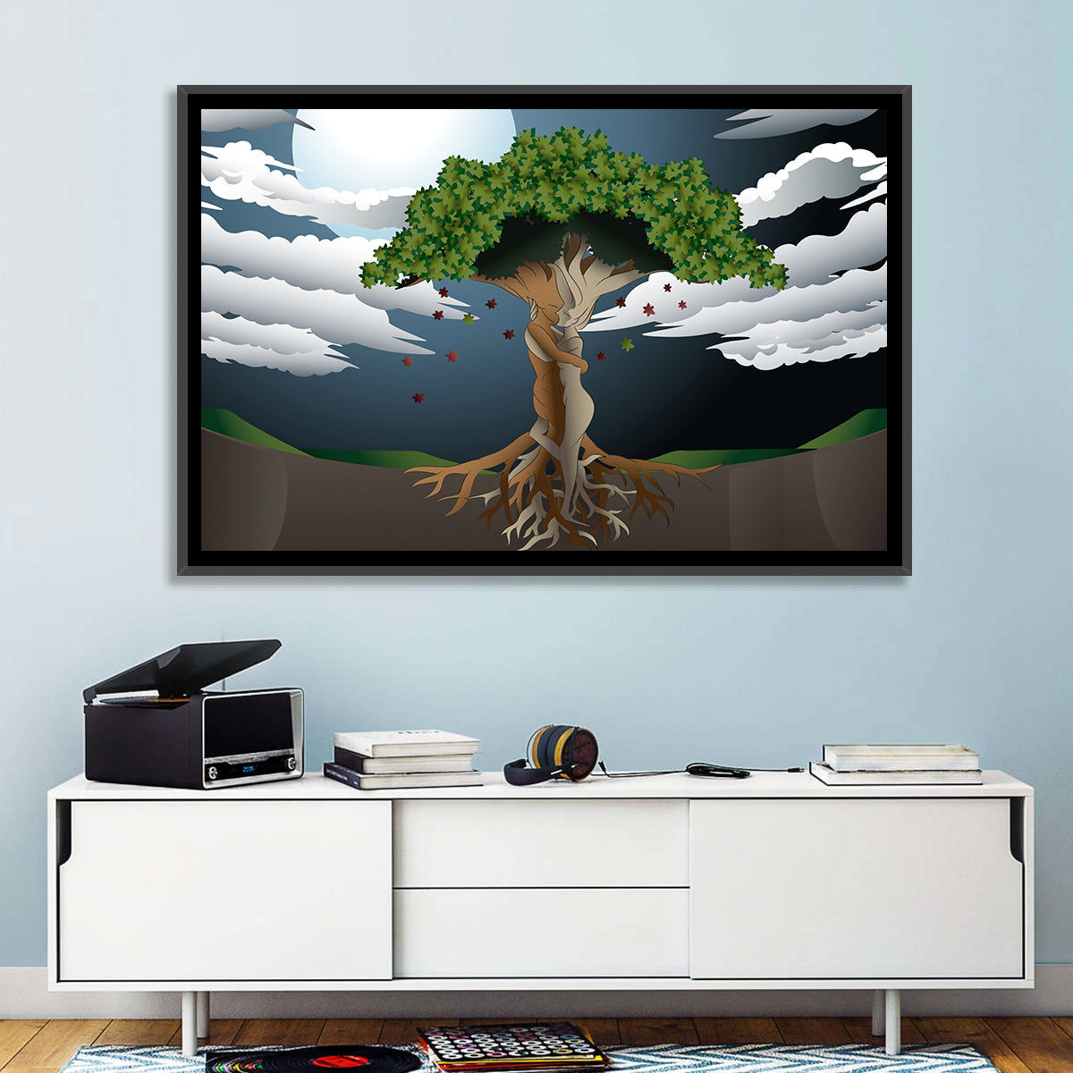 Moonlit Lovers Tree Wall Art in a room, landscape