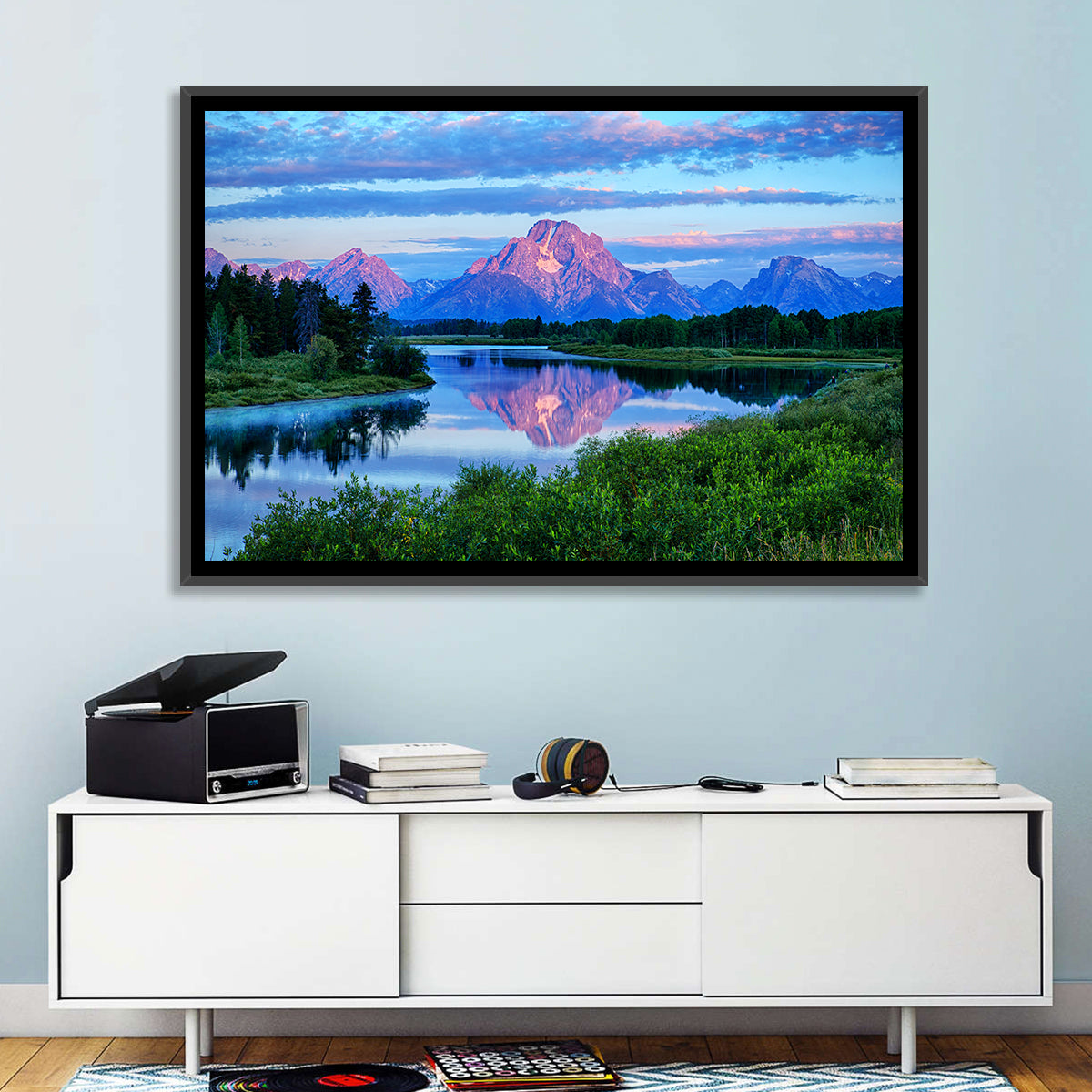 Oxbow Bend Dawn Reflection Wall Art in a room, landscape