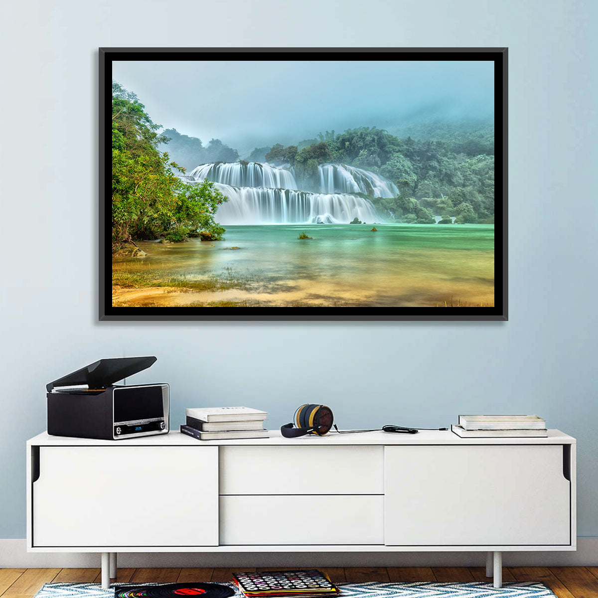 Ban Gioc Waterfalls Misty Morning Wall Art in a room, landscape
