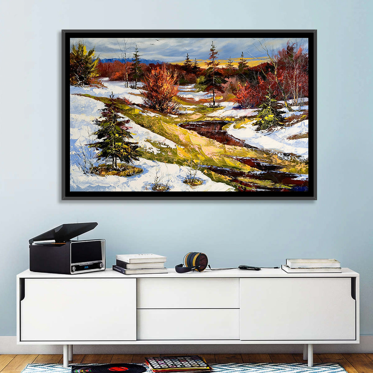 Snowy Stream Through Evergreens Wall Art in a room, landscape