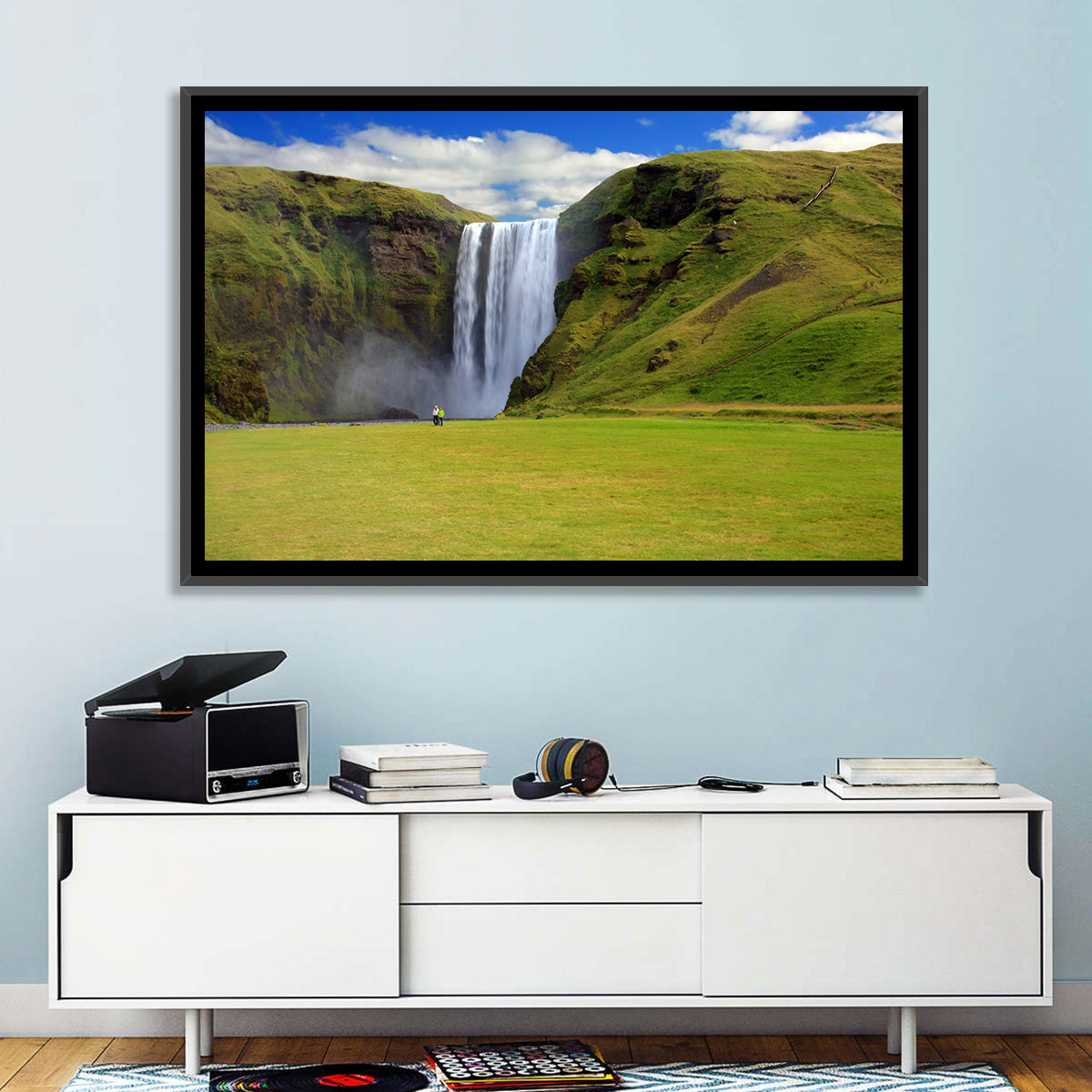 Skógafoss Waterfall Wall Art in a room, landscape