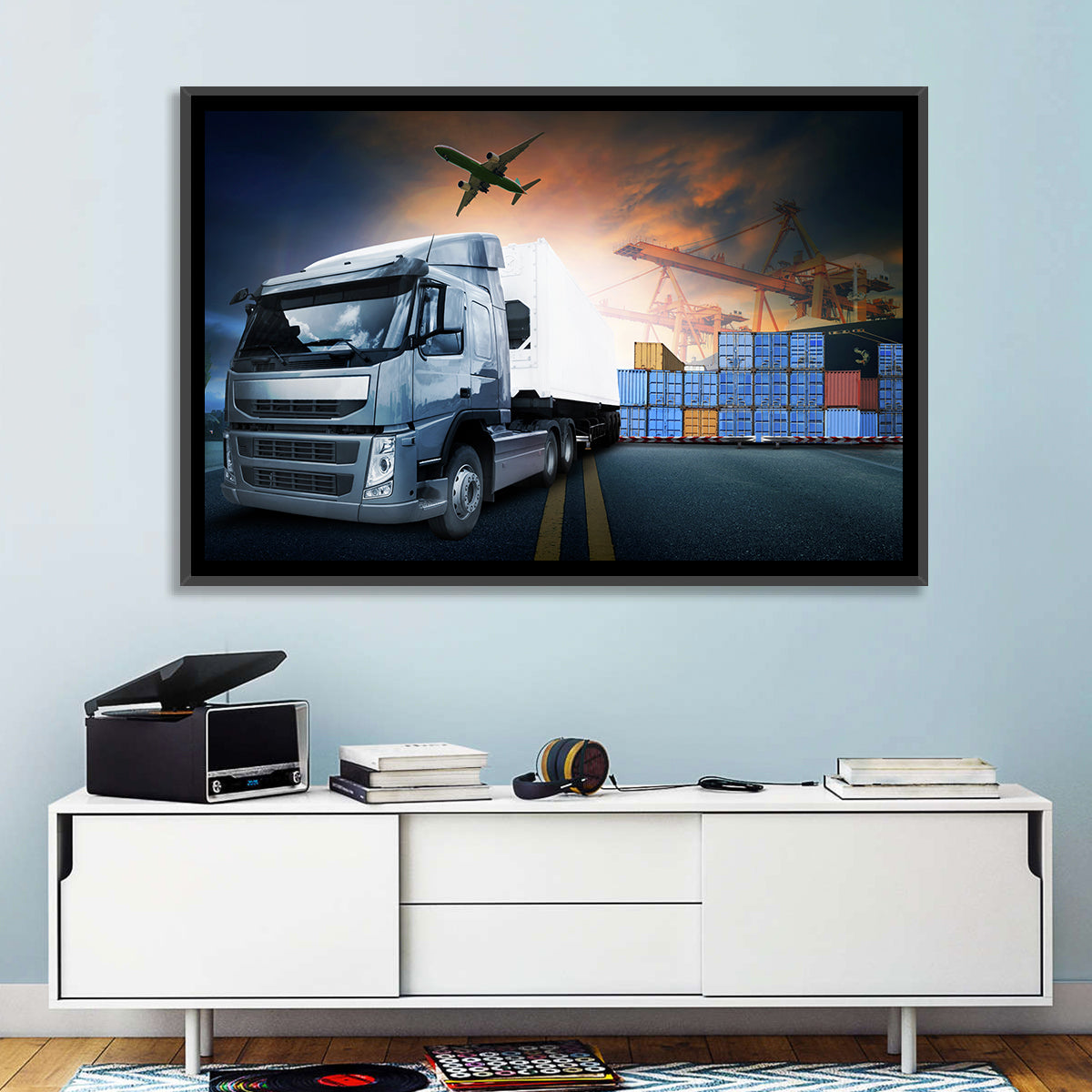Sunset Freight Terminal Truck Scene Wall Art in a room, landscape