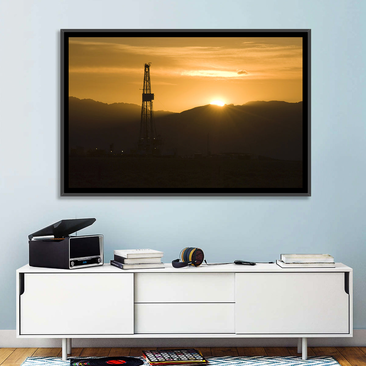 Sunrise Over Drilling Rig Wall Art in a room, landscape