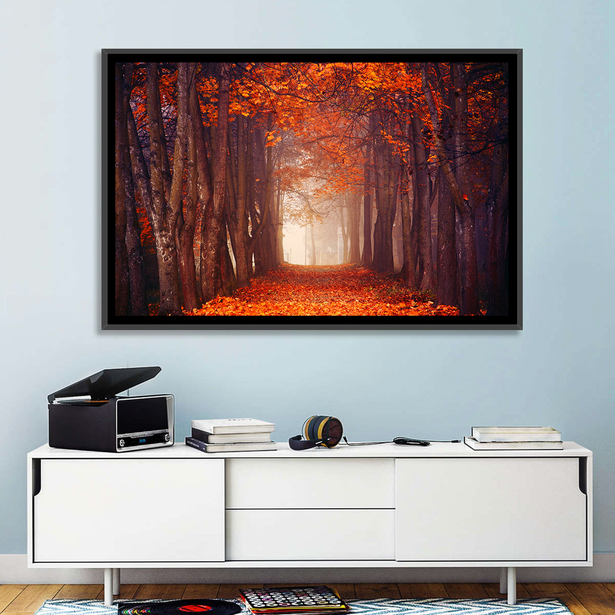 Misty Autumn Forest Path Wall Art in a room, landscape