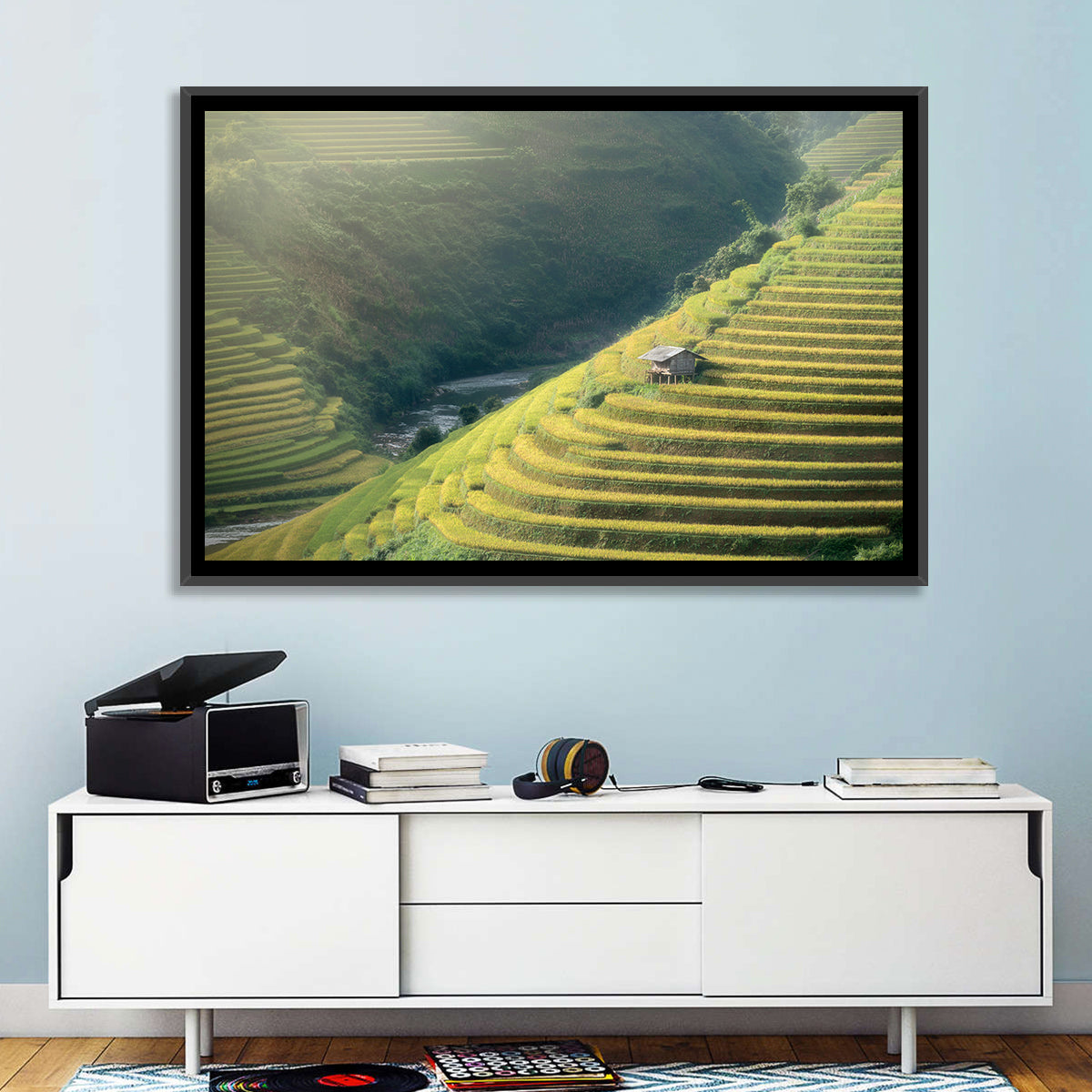 Golden Rice Terraces Wall Art in a room, landscape