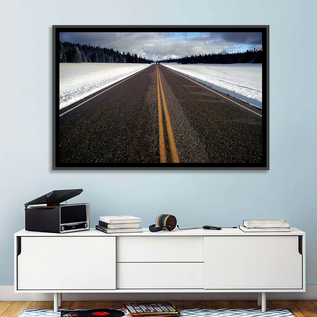 Winter Road Through Pine Forest Wall Art