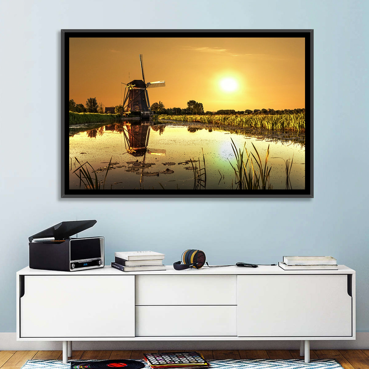 Dutch Windmill at Golden Hour Wall Art in a room, landscape