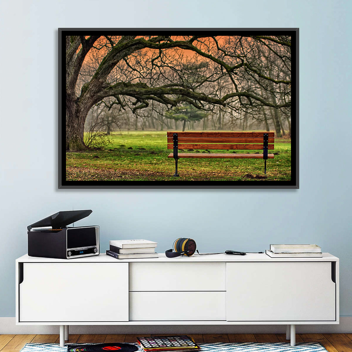 Misty Autumn Park Bench Wall Art in a room, landscape