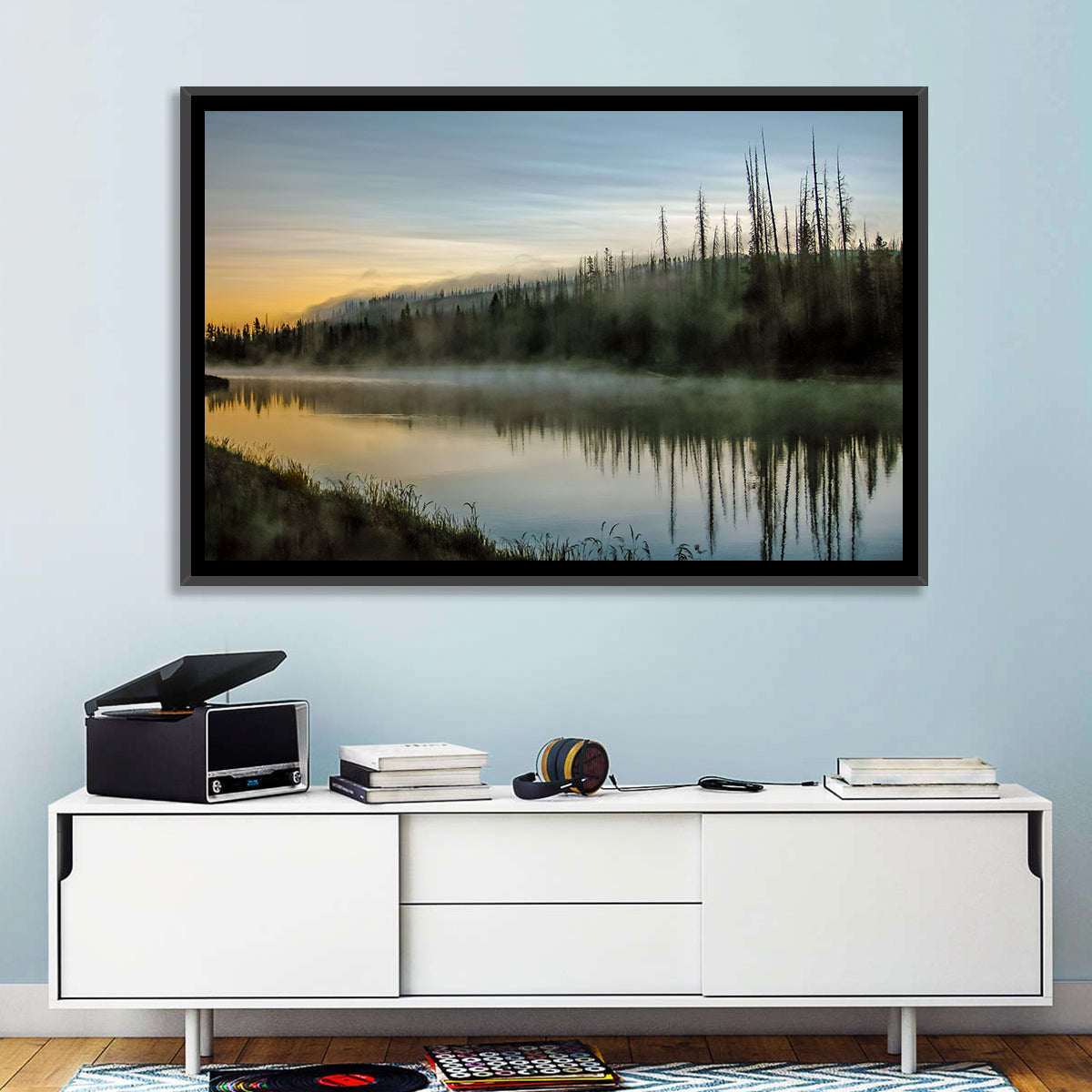 Yellowstone River Morning Mist Wall Art in a room, landscape