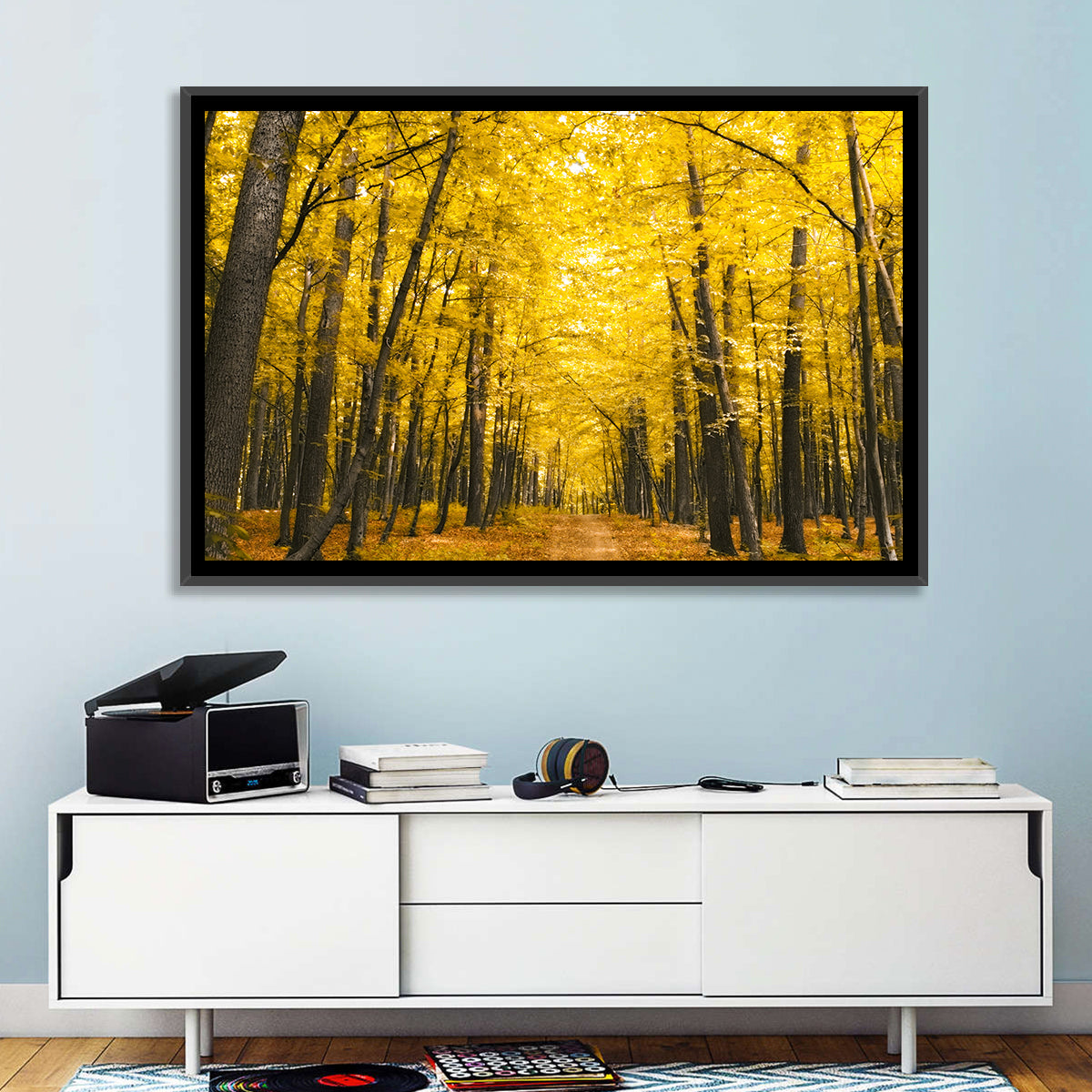 Yellow Autumn Forest Path Wall Art in a room, landscape