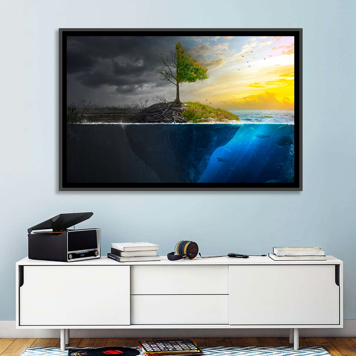 Split Island Tree of Duality Wall Art in a room, landscape