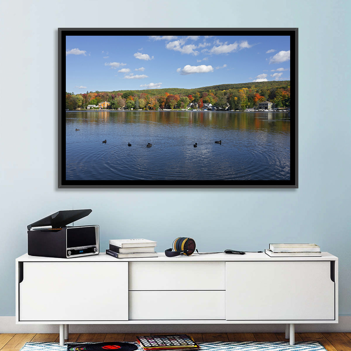 Greenwood Lake Autumn Landscape Wall Art in a room, landscape