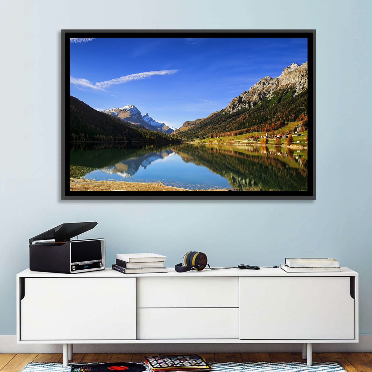 Lake Sils Morning Reflection Wall Art in a room, landscape