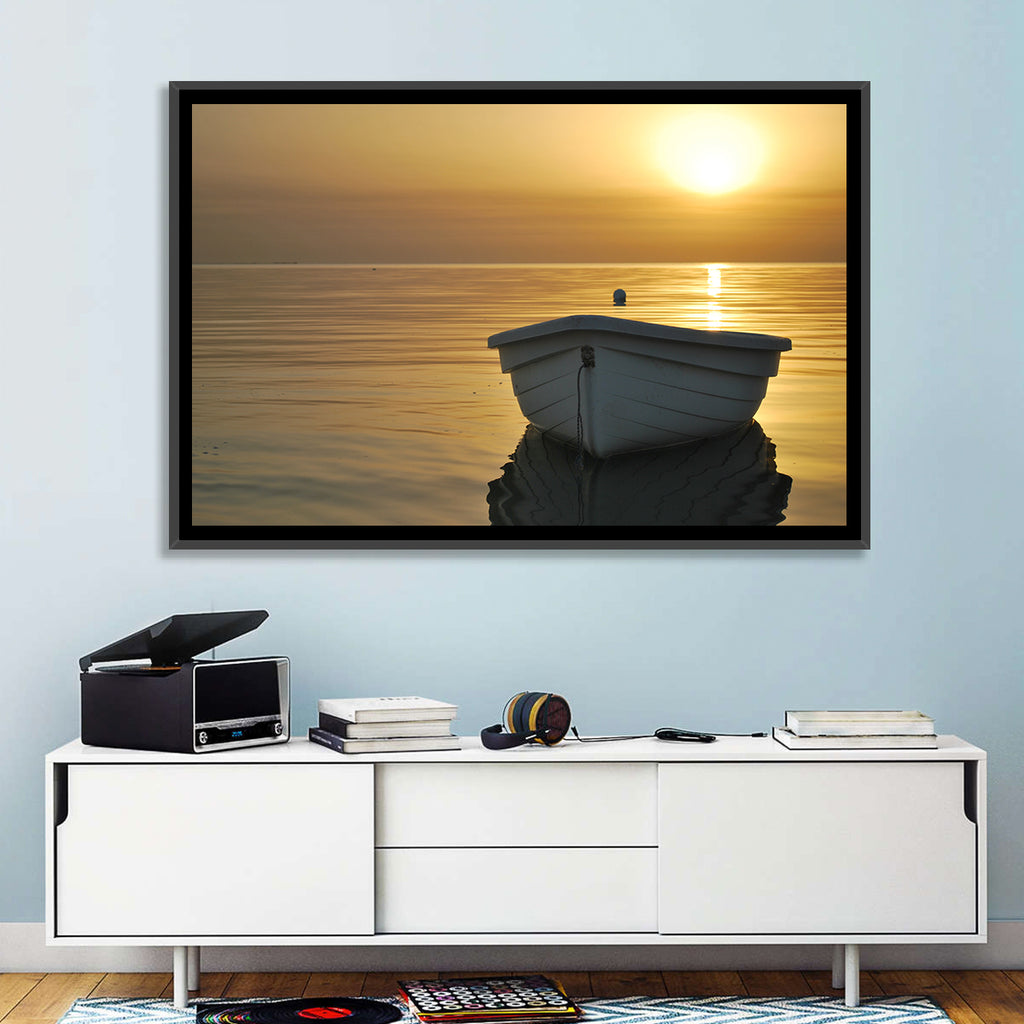 White Rowboat on Golden Sea Wall Art
