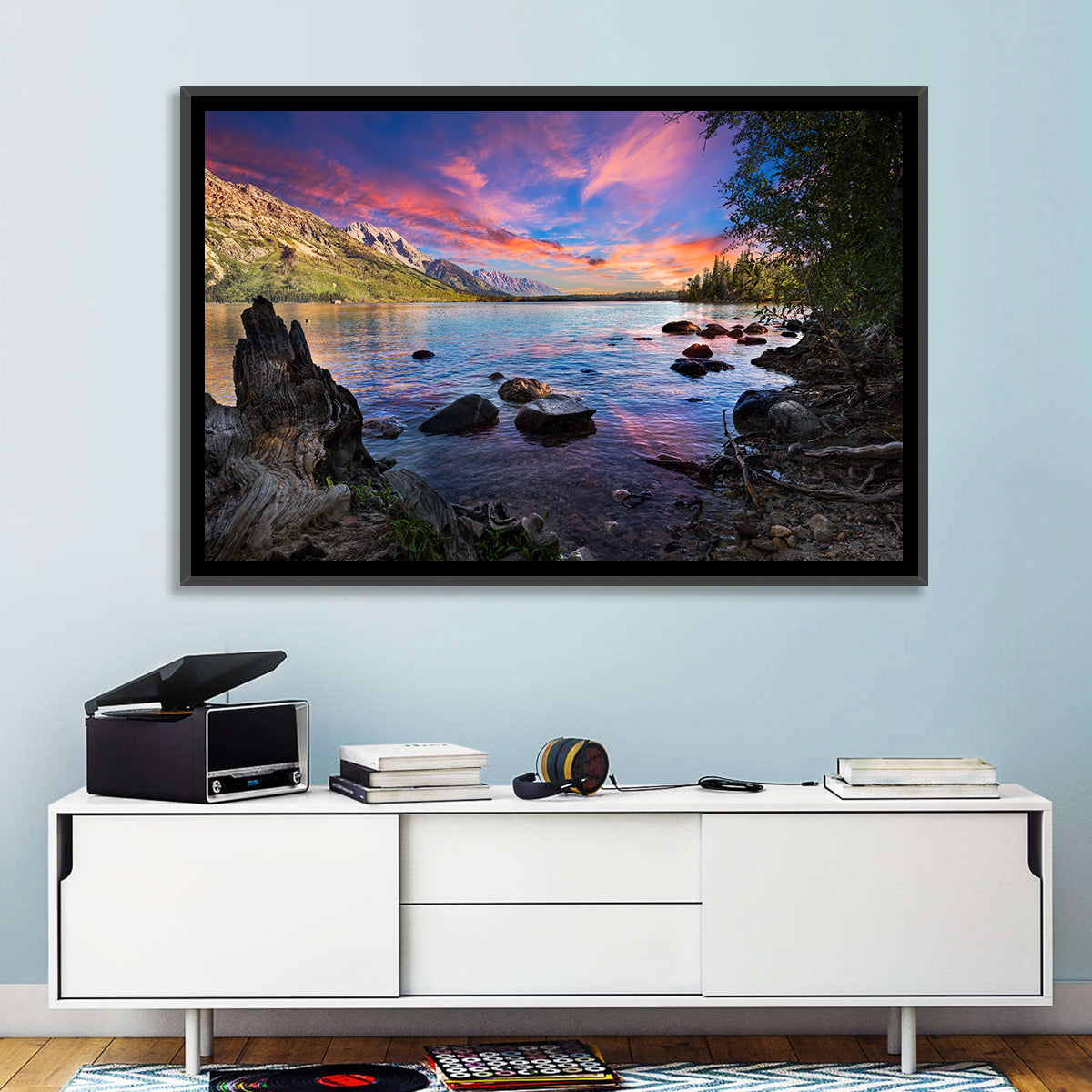 Jenny Lake Sunset Wall Art in a room, landscape