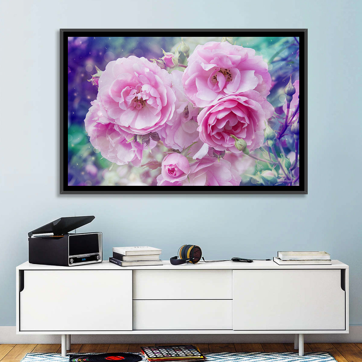 Springtime Pink Rose Cluster Wall Art in a room, landscape