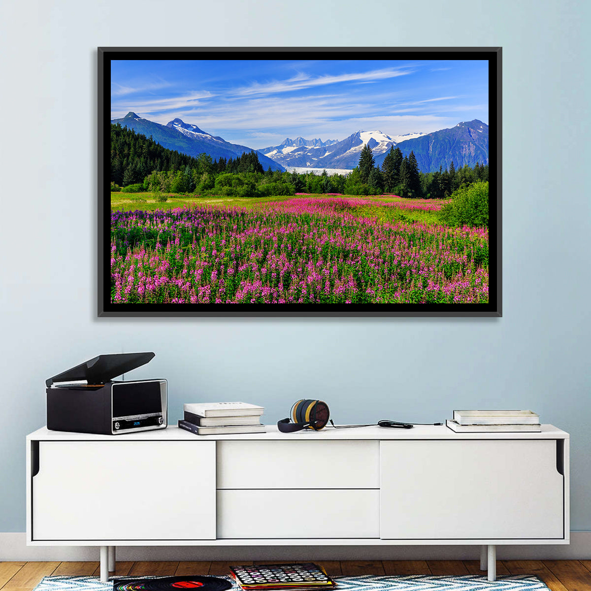 Juneau Meadow with Mendenhall Glacier Wall Art in a room, landscape