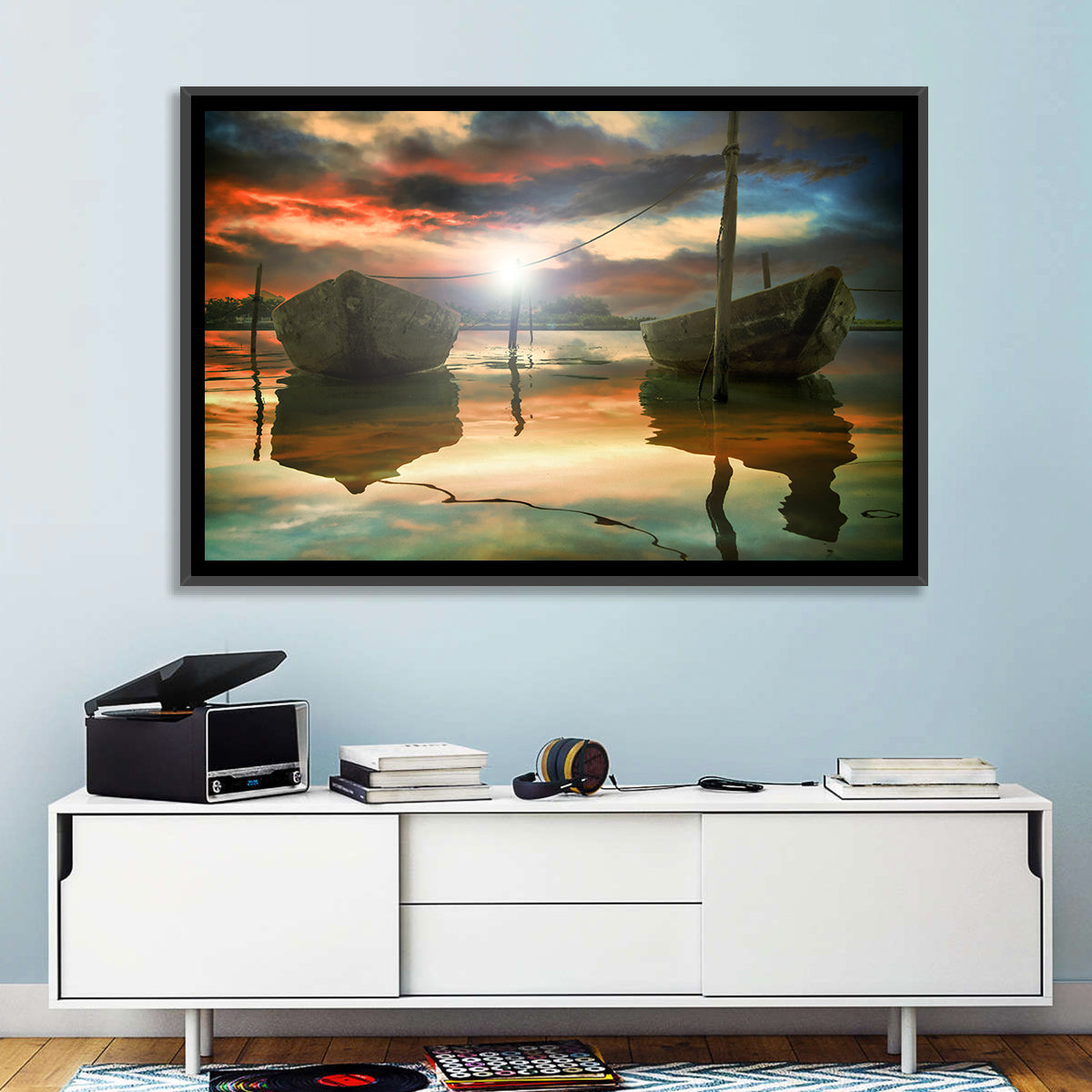 Two Wooden Boats at Sunset Wall Art