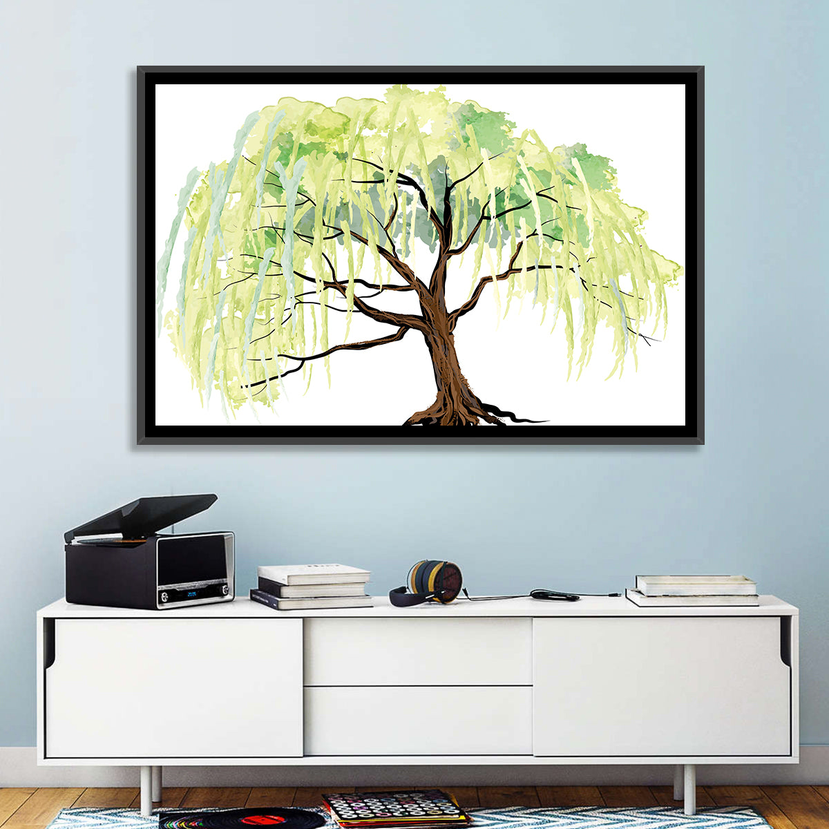 Weeping Willow Watercolor Sketch Wall Art in a room, landscape