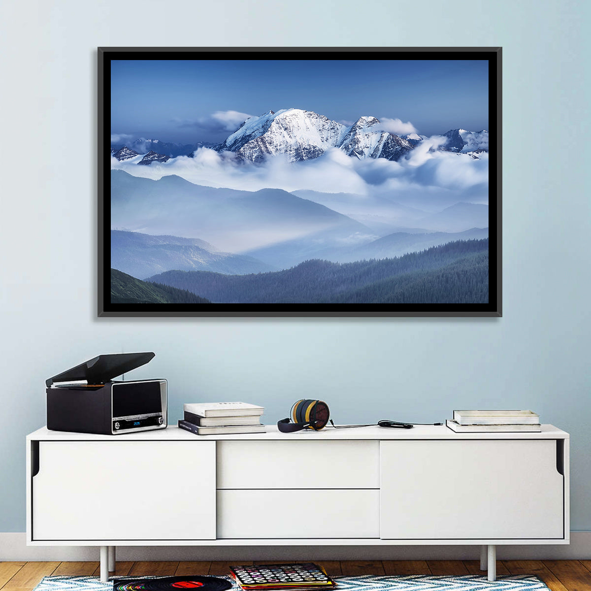 Snow-capped Peaks in Clouds Wall Art in a room, landscape