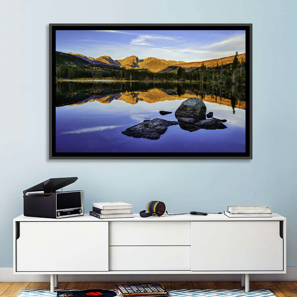 Sprague Lake Sunrise Reflection Wall Art in a room, landscape