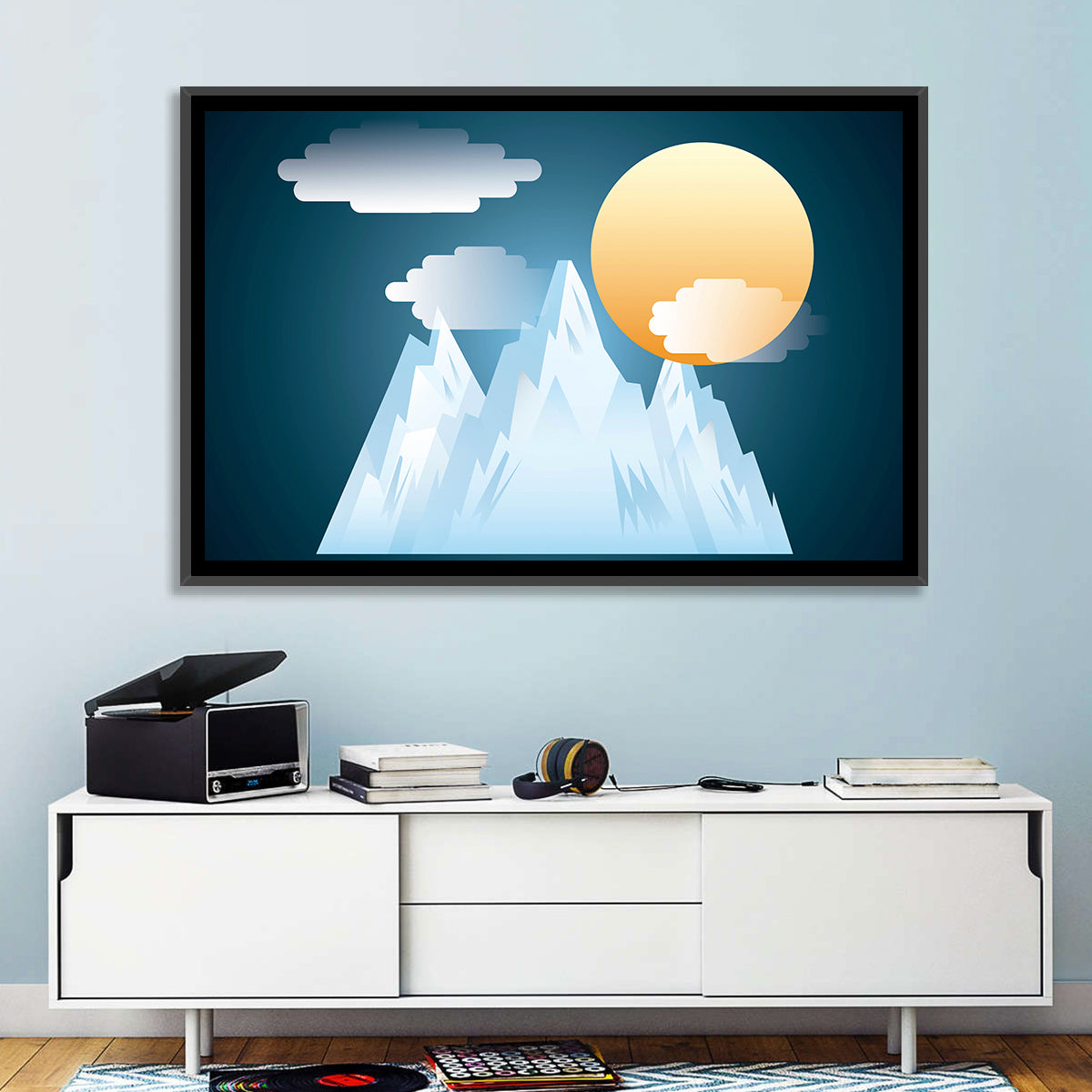 Geometric Snowy Mountain with Golden Sun Wall Art