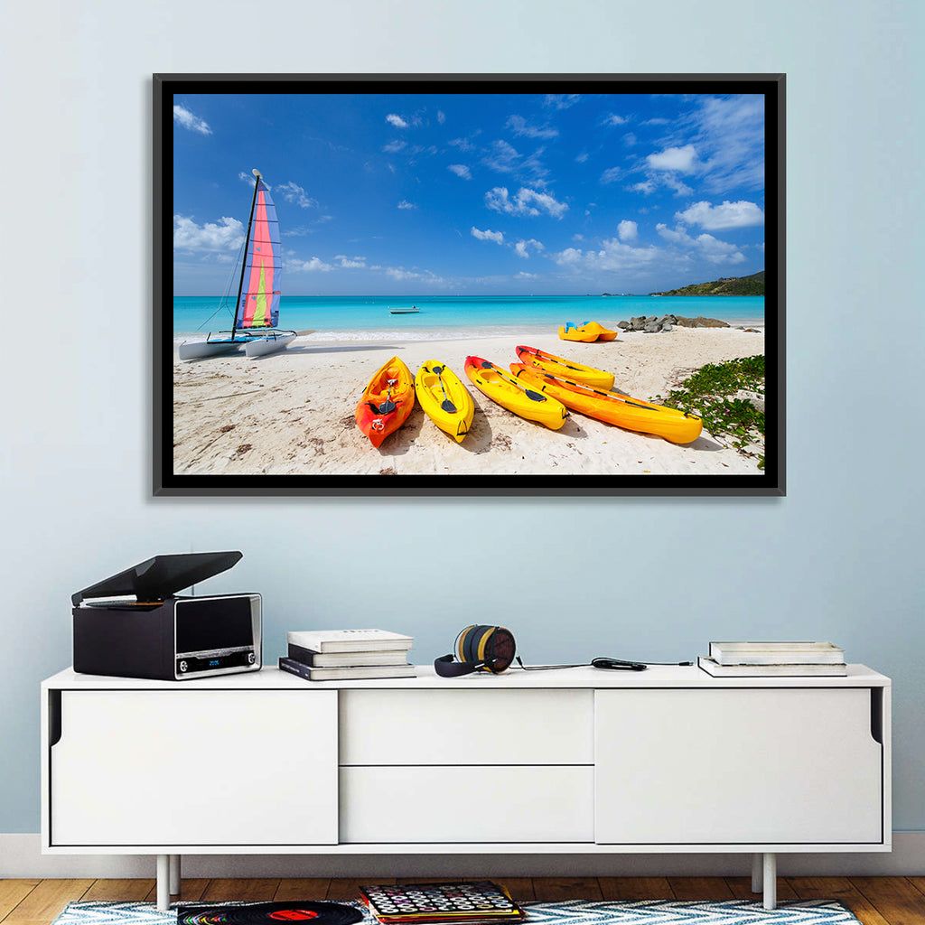 Yellow Kayaks on Tropical Beach Wall Art