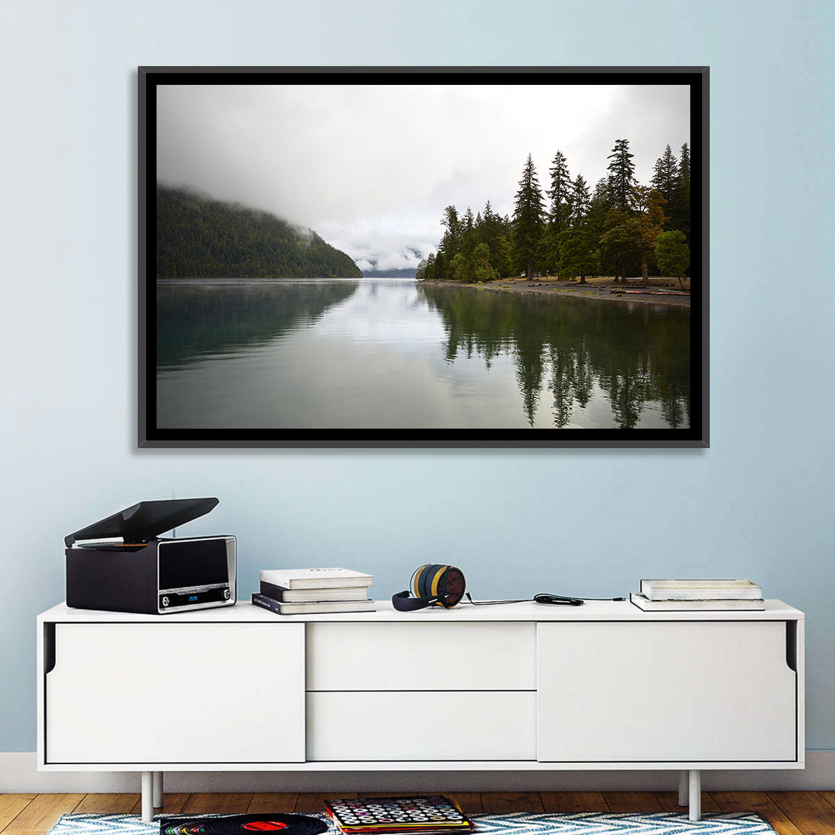 Foggy Lake Crescent Reflection Wall Art in a room, landscape