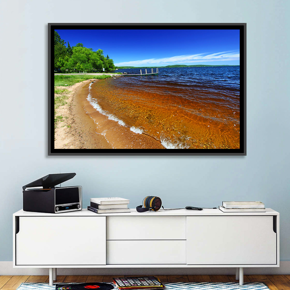 Lake Gogebic Sunny Shoreline Wall Art in a room, landscape