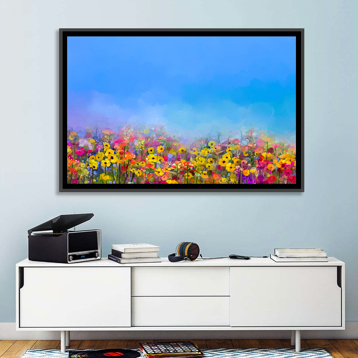 Cornflower and Daisy Meadow Wall Art in a room, landscape