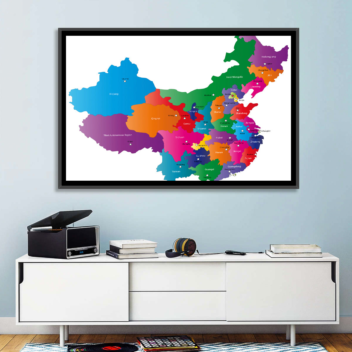 Colorful China Provinces Map Wall Art in a room, landscape