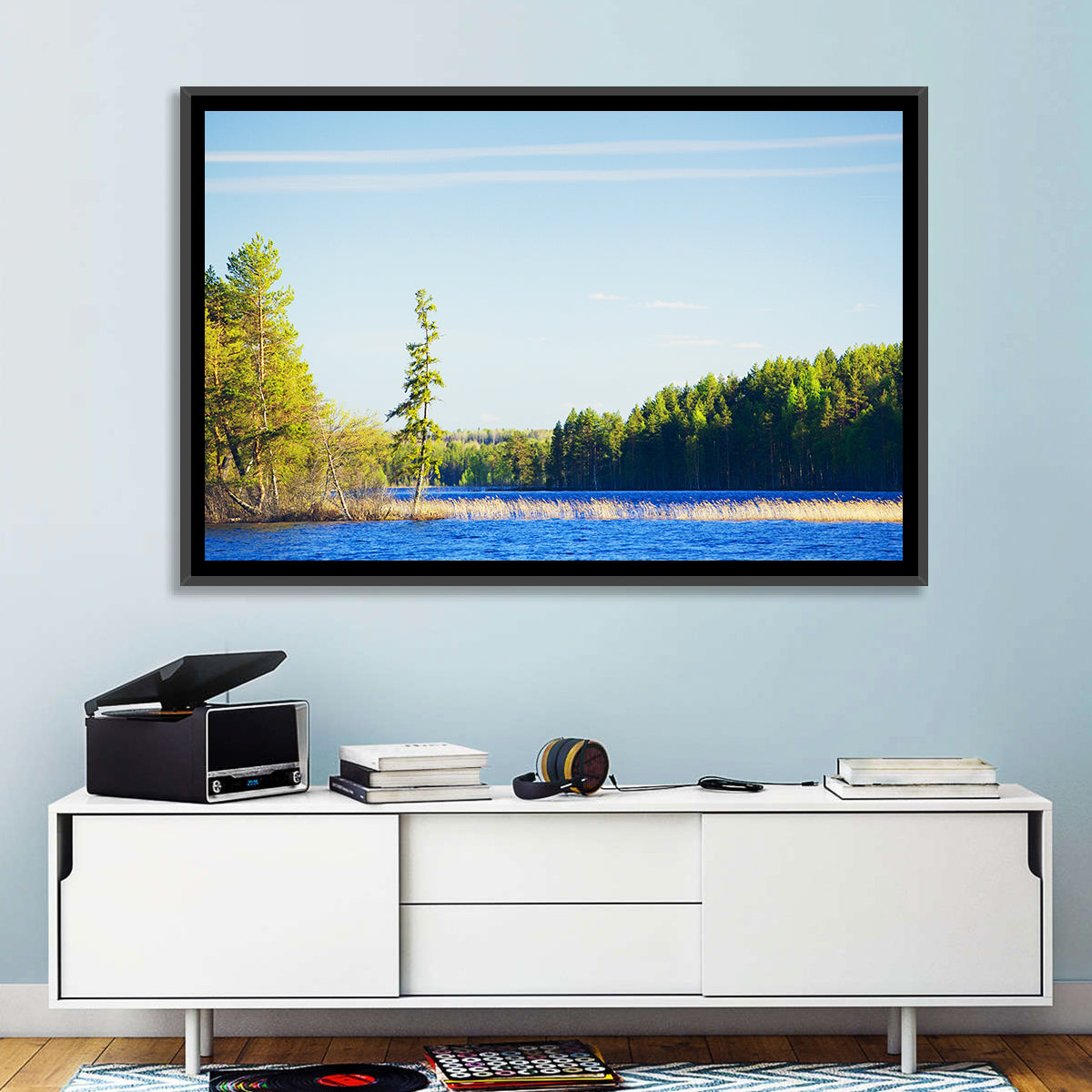 Summer Forest Lake Shoreline Wall Art in a room, landscape