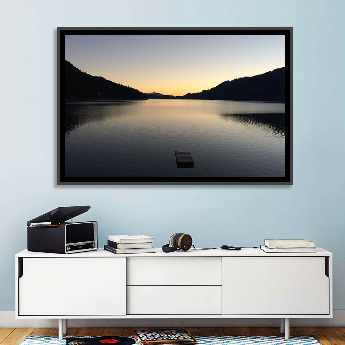 Lake Cushman Dock at Dusk Wall Art in a room, landscape