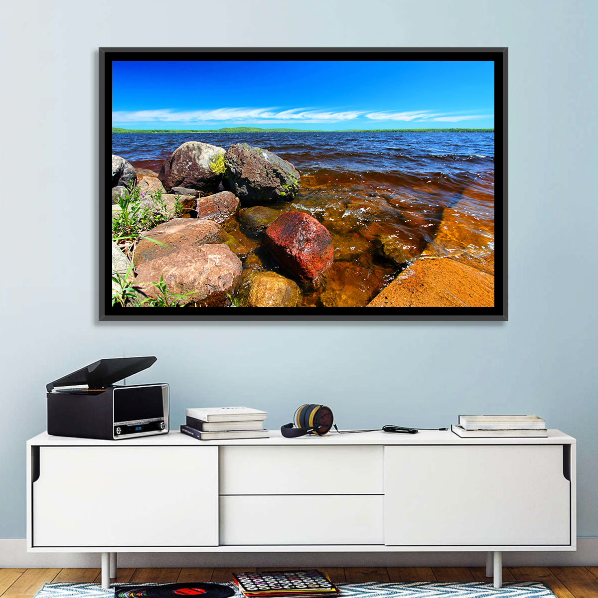Lake Gogebic Rocky Shoreline Wall Art in a room, landscape