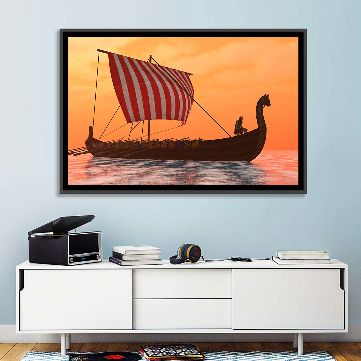 Viking Longship at Dusk Wall Art in a room, landscape