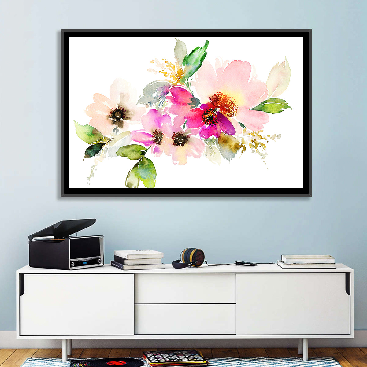 Delicate Pink Floral Watercolor Wall Art in a room, landscape