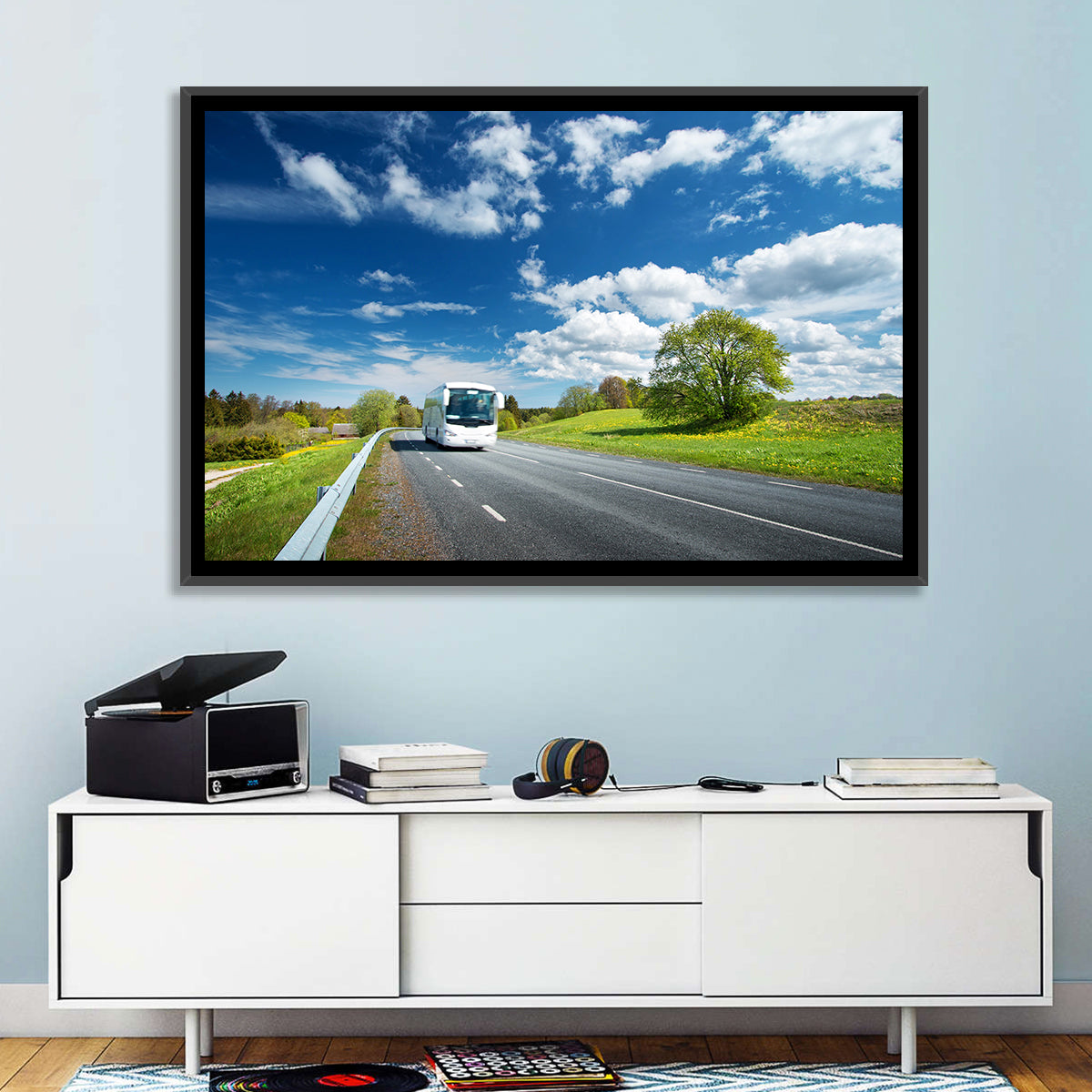 White Bus on Meadow Road Wall Art in a room, landscape
