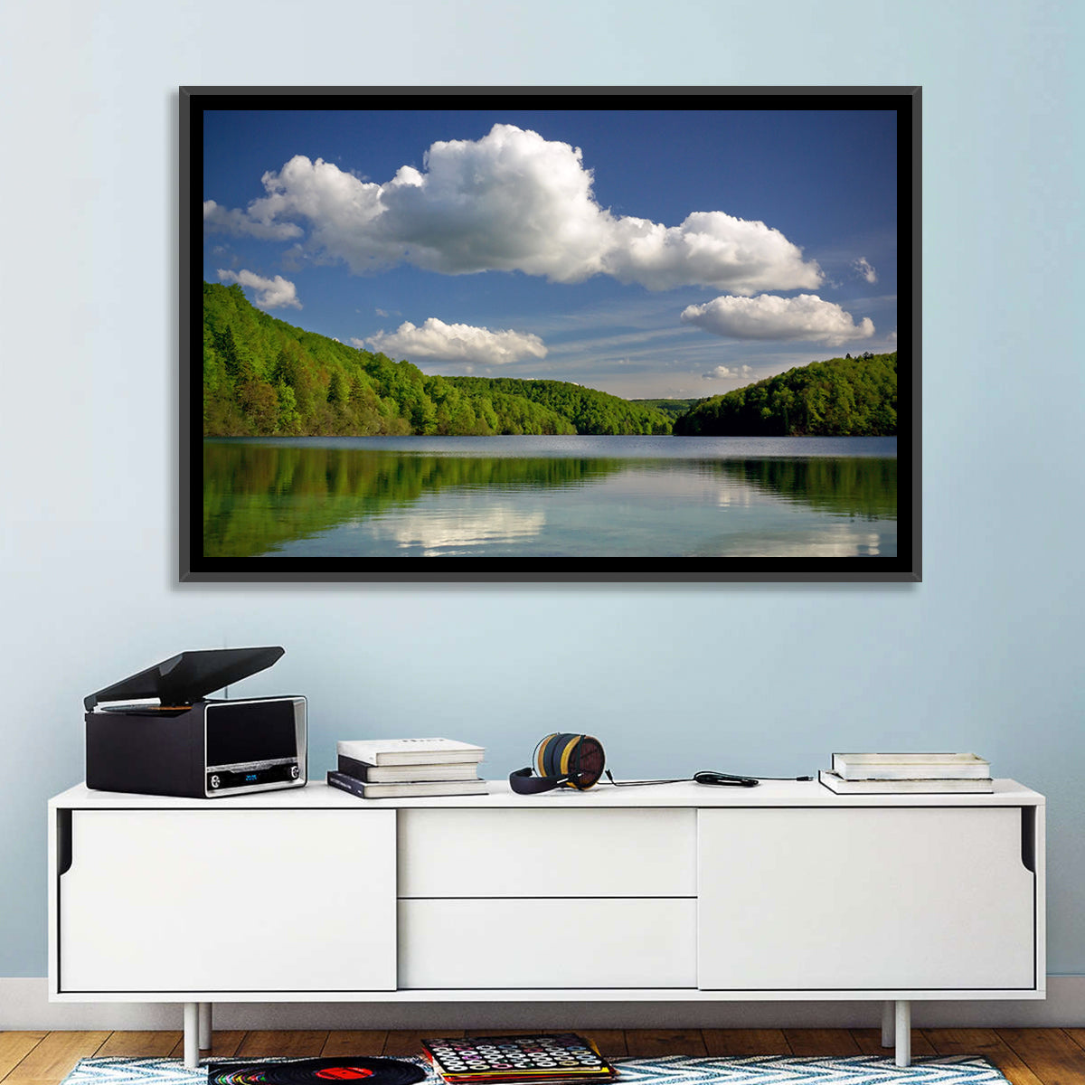 Plitvice Forest Lake Scene Wall Art in a room, landscape