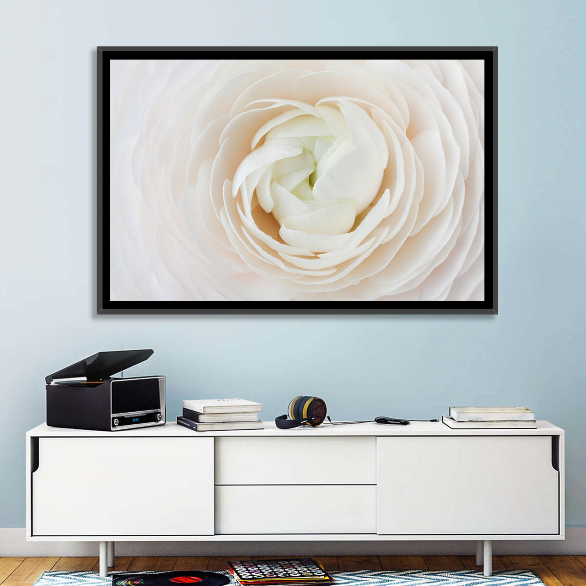 Peach Ranunculus Macro Bloom Wall Art in a room, landscape