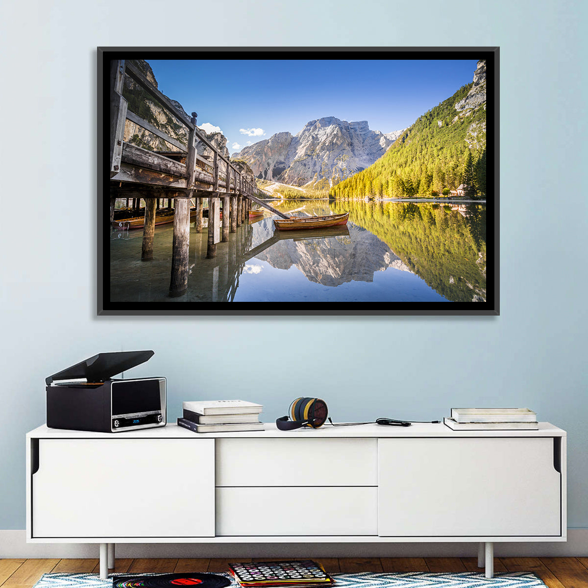 Lago Di Braies Pier Wall Art in a room, landscape