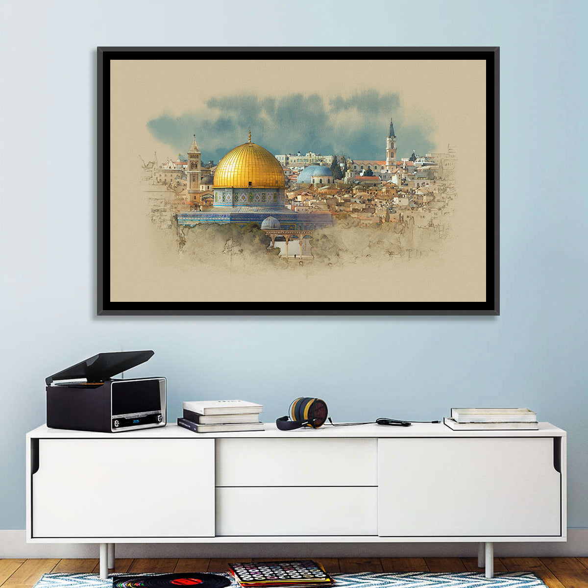 Dome of the Rock Watercolor Study Wall Art in a room, landscape
