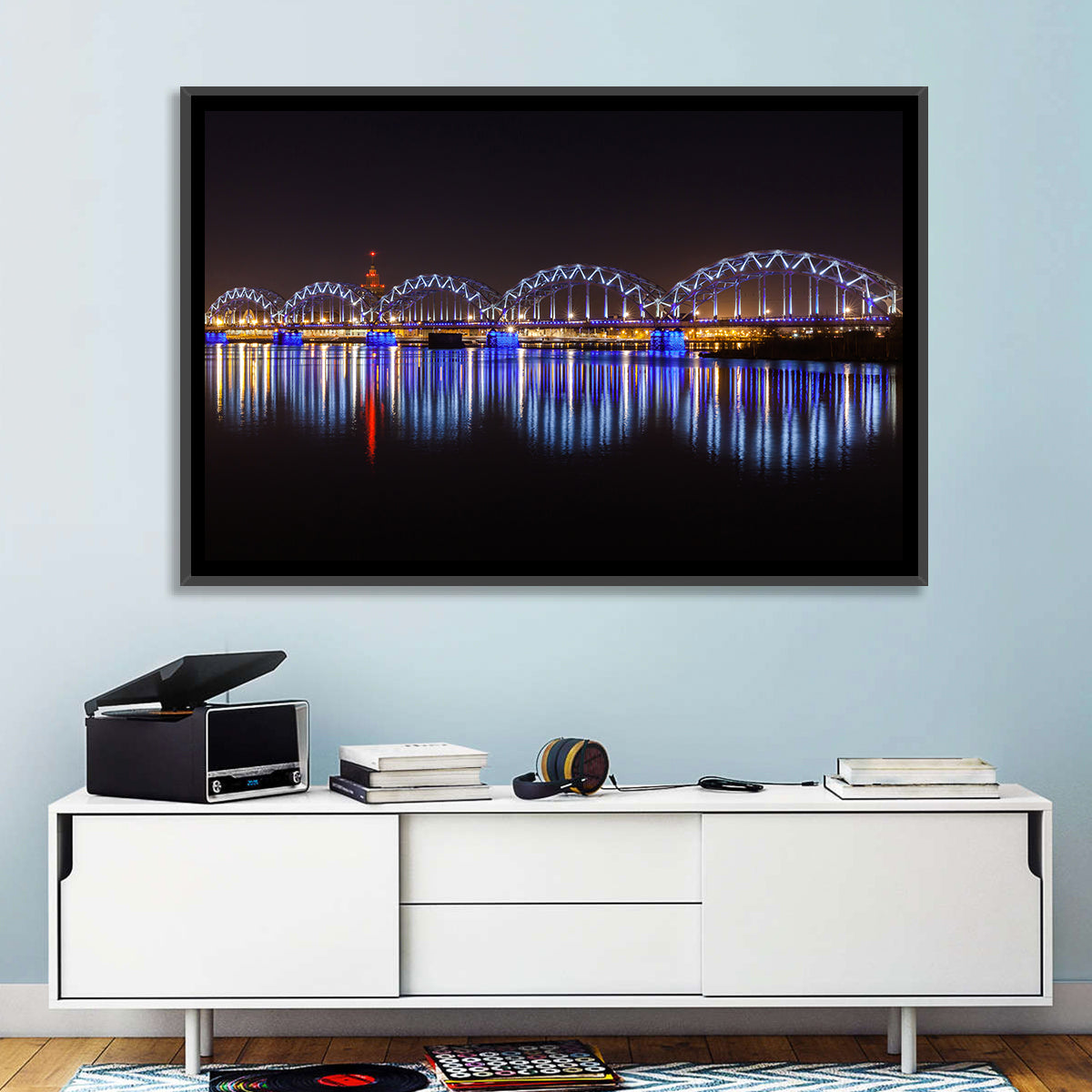 Riga Railway Bridge Nightscape Wall Art in a room, landscape