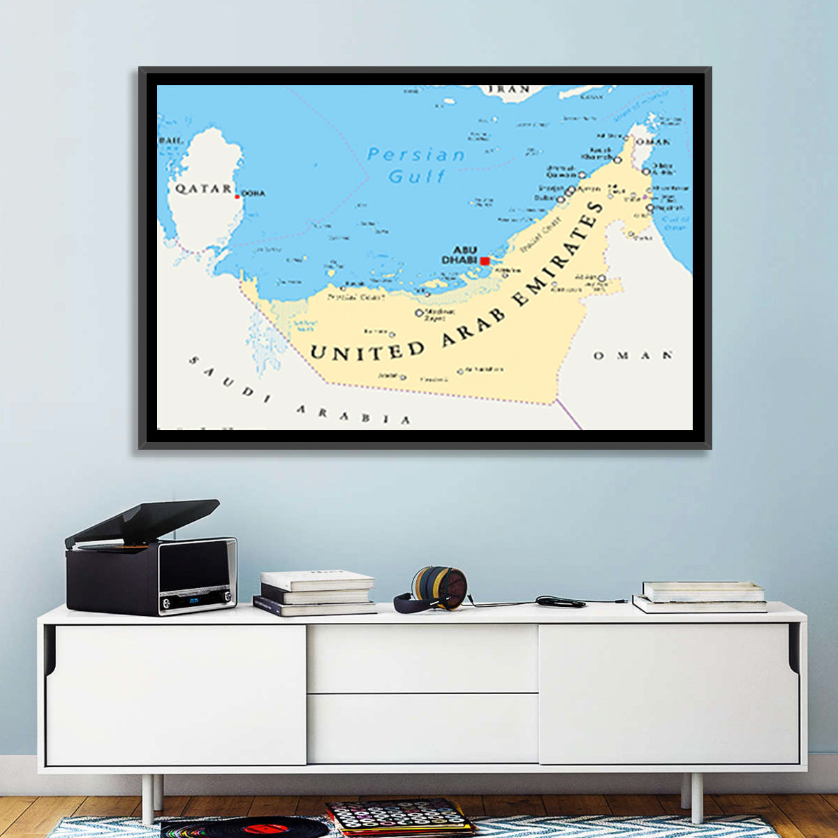 UAE Political Map Wall Art in a room, landscape