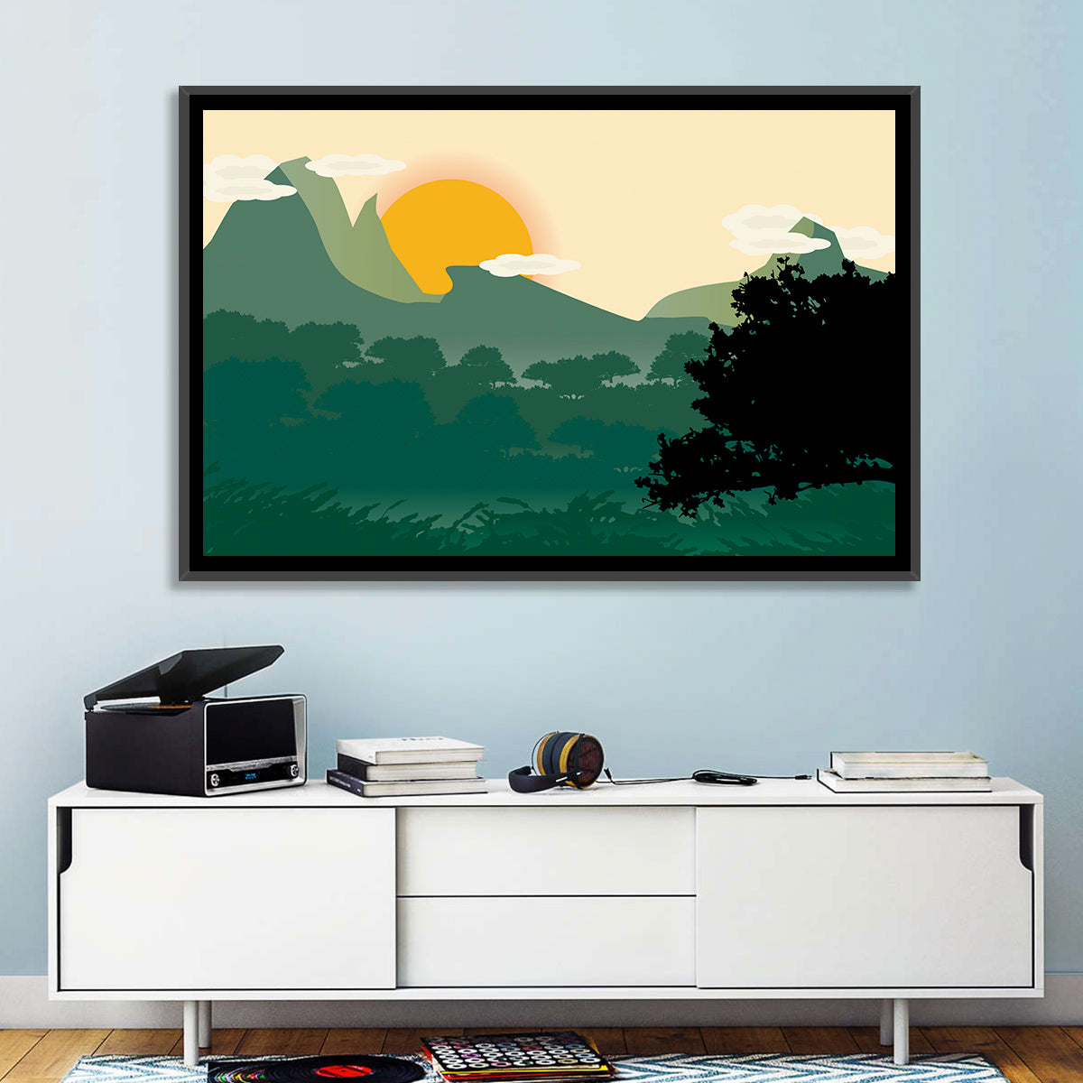 Geometric Mountain Forest Sunrise Wall Art