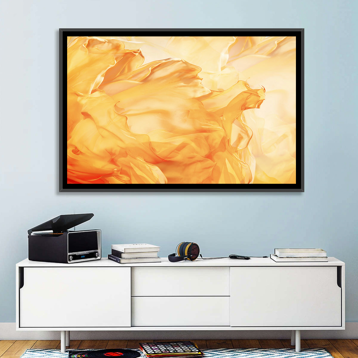 Golden Waving Cloth Abstract Wall Art in a room, landscape