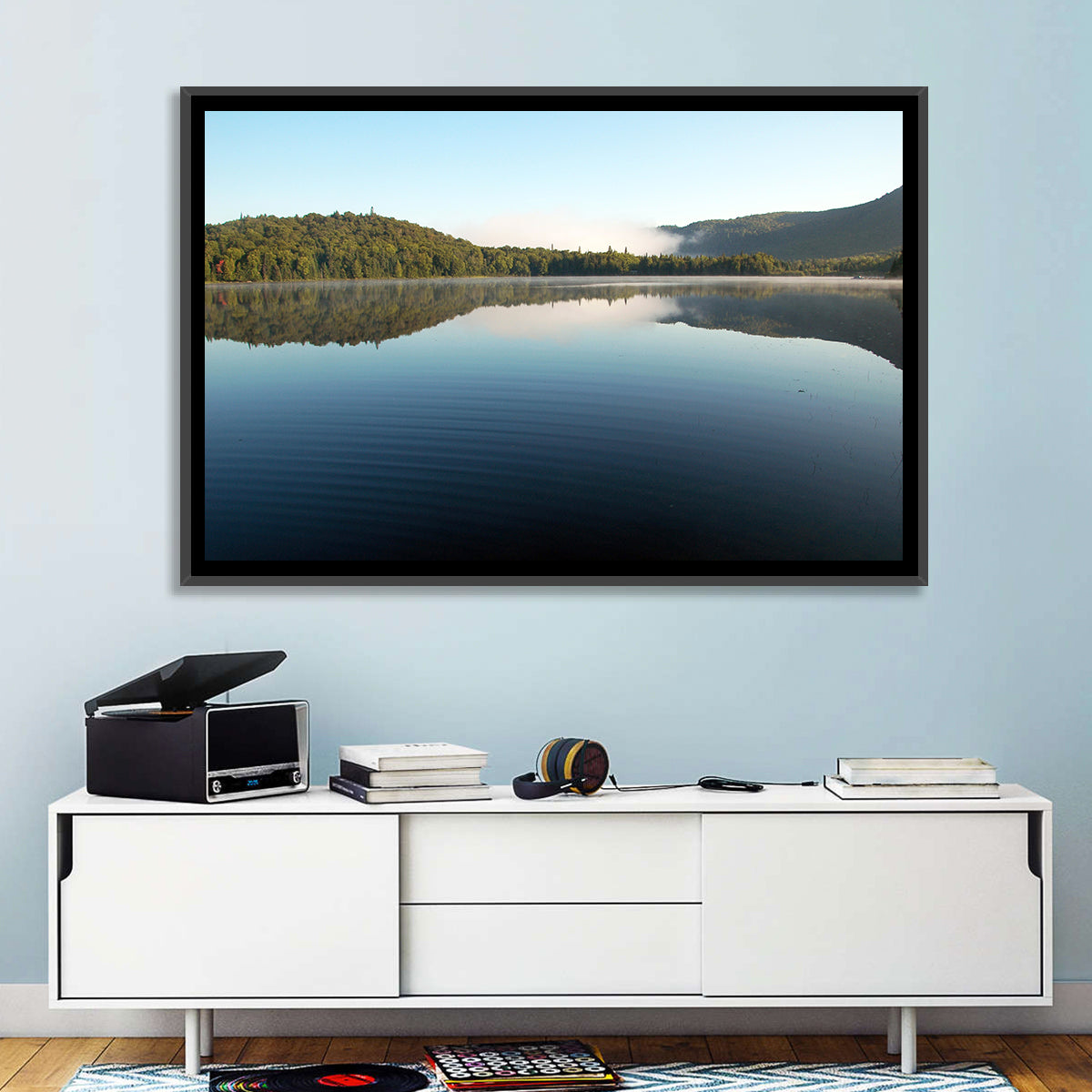 Lake Monroe Morning Reflection Wall Art in a room, landscape